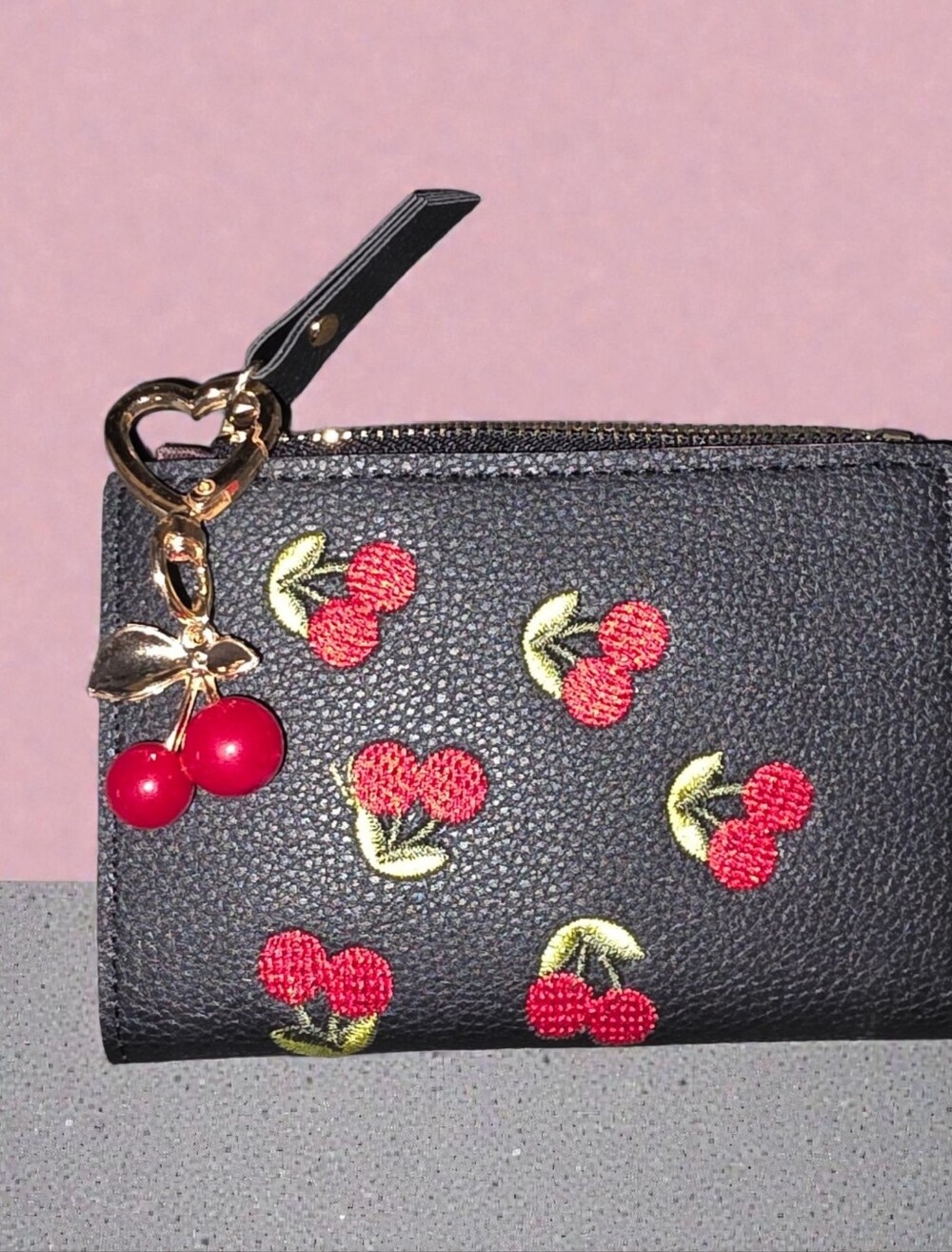 NWT Black Cherry Embroidered Zip Wallet with Charm